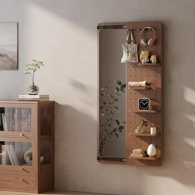KungFuWood Full Length Mirror with Shelf and Hooks,Entry Way Mirrors for Wall,Wall Mirror with Shelf,Wall Mirror with Storage Multifunctional Design Panel,Living Room