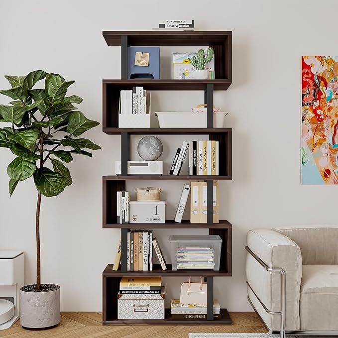 SORCEDAS Bookshelf Geometric Bookcase S Shaped Industrial Bookshelf Storage Display Stand Shelf for Living Room Bedroom and Office Room (Black, 6 Tier)
