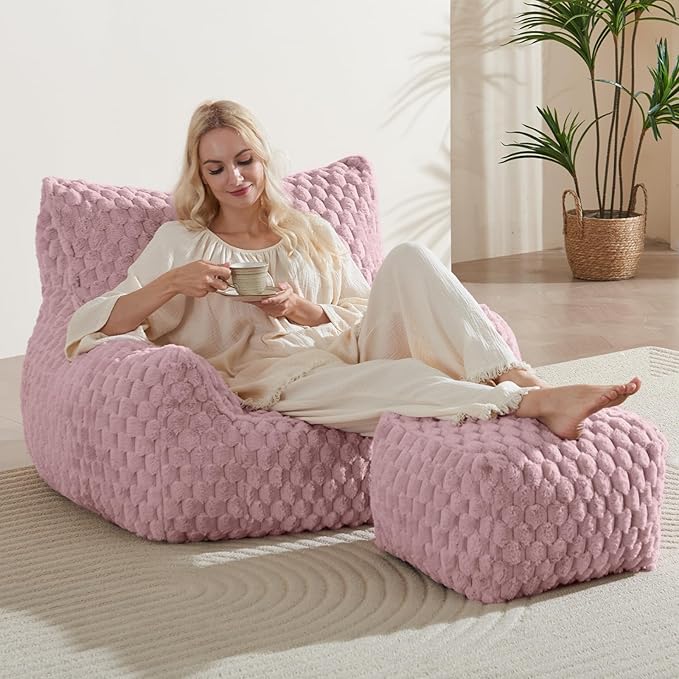 Bean Bag Chair with Ottoman - Modern Comfy Beanbag Sofa with Footrest, Soft Faux Fur Lounger Chair for Adults Teens, Cozy Memory Foam Filled Gaming Reading Chairs for Bedroom, Living Room (Dusty Pink)