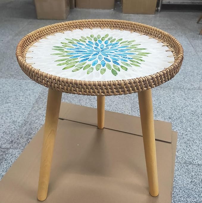 Rattan Round Side Table, Handmade Rattan Tray with 3 Legs, Mother of Pearls Inlay Coffee/Accent Table, Round End/Side Tables for Living Room, Bedrooms, Pedestal Plant Stand for Balcony
