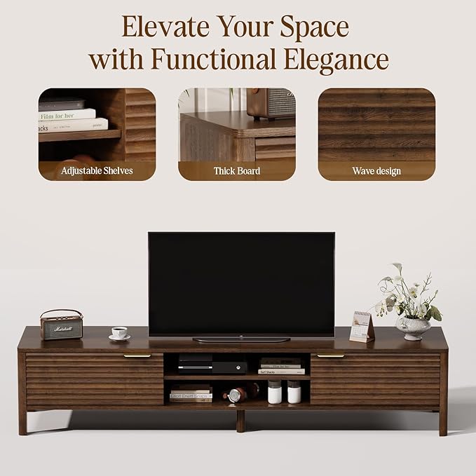 TV Stand for Living Room - up to 80 Inch TVs Mid Century Modern Entertainment Center with Storage and Adjustable Shelves, Media Console Table Walnut 70"
