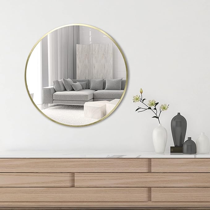 FrameWorks 28" Deluxe Contemporary Brass Gold Circular Aluminum Mirror