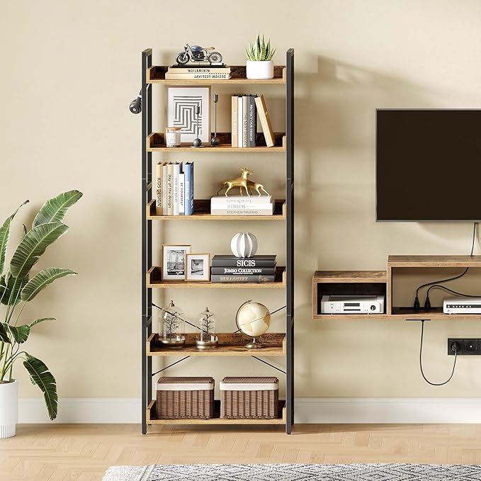 Rolanstar Bookshelf 6 Tier with 4 Hooks, Industrial Bookcase, Vintage Storage Rack with Open Shelves, Rustic Standing Bookshelves Metal Frame Display Rack for Living Room, Bedroom, Rustic Brown