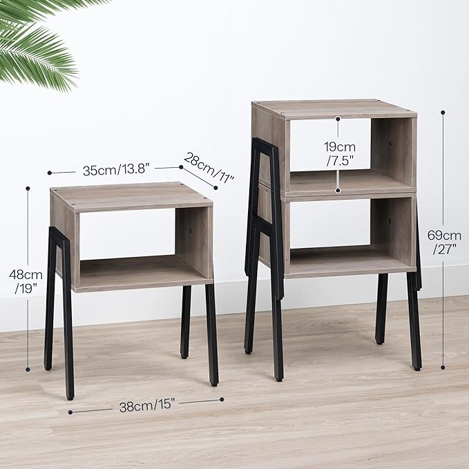 HOOBRO Nightstands Set of 2, Stackable End Table, Side Table, Bedside Tables with Open Storage Shelf, for Bedroom, Living Room, Greige and Black BG38BZP201