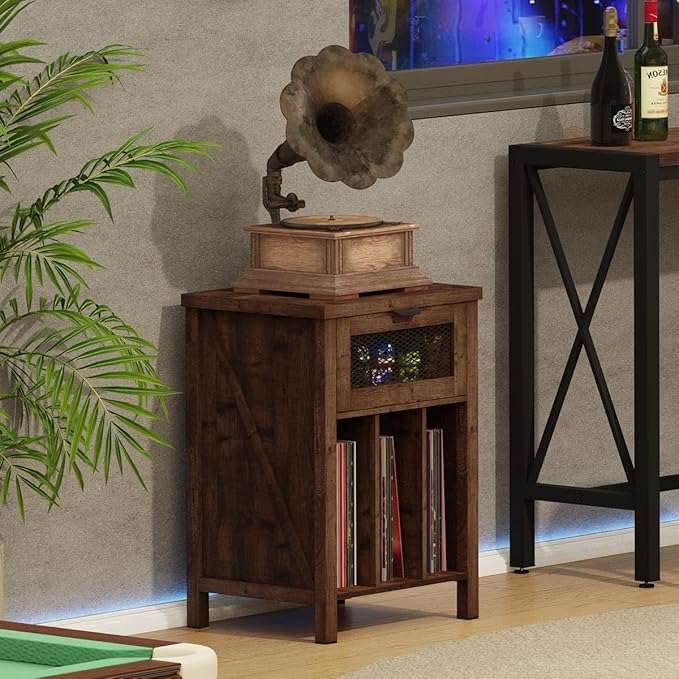 BON AUGURE Record Player Stand with Vinyl Storage, Farmhouse Record Player Cabinet End Table Holds up to 160 Albums, Brown Turntable Stand for Living Room, Bedroom, Office (Rustic Oak)