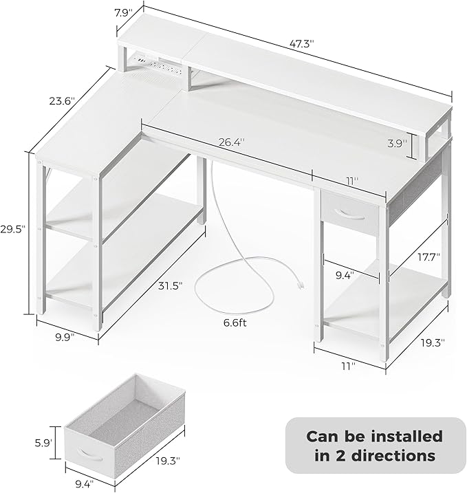 SUPERJARE 47 inch Reversible L Shaped Desk with LED Lights & Power Outlets, Computer Desk with Shelves & Monitor Stand, Gaming Desk with Drawer, Home Office Desk Corner Desk, PU White Drawer