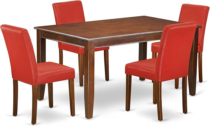 East West Furniture DUAB5-MAH-72 5 Piece Dinette Set for 4 Includes a Rectangle Dining Table and 4 Firebrick Red Faux Leather Parson Dining Room Chairs, 36x60 Inch, Mahogany