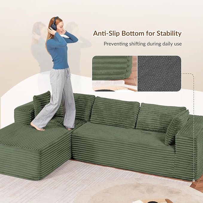 COMHOMA 105”Modular Sectional Sofa with Deep Seat,Cloud Upholstered L-Shape Couch Wide Arms Corduroy Fabric High-Density Foam Chaise Lounge for Living Room No Assembly Required
