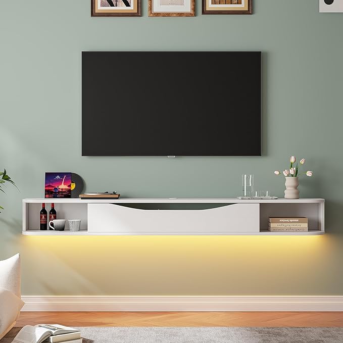 Floating TV Stand,78'' Wall Mounted TV Cabinet,Floating TV Console,Under TV Shelf with 1 Door and 2 Cabinets for TVs up to 78''(White)