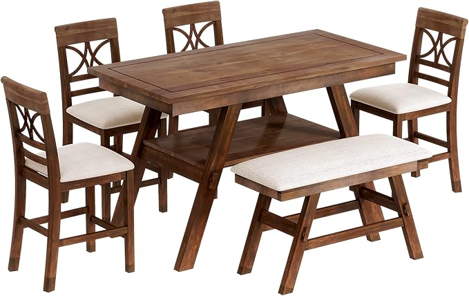 Merax 6 Piece Wood Counter Height Dining Table Set with Storage Shelf, Beige Cushion, Kitchen Table Set with Bench and 4 Chairs, Rustic Style, Walnut