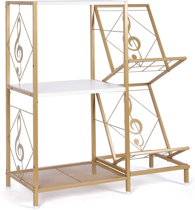 Record Player Stand with Vinyl Record Storage, Turntable Stand with 2-Tier Vinyl Display Shelf & Metal Frame, Vinyl Holder for Living Room, Gold & White