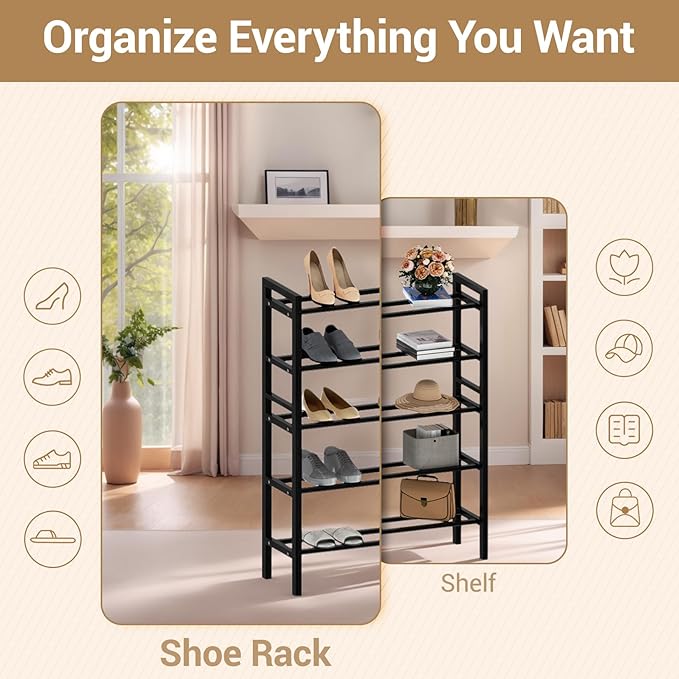 Haddockway Bamboo Shoe Rack for Closet, Free Standing Shoe Organizer with Smooth Round Rods & Convenient Handles, Stackable Shoe Storage Shelf for Entryway, Hallway(Black, 5-Tier(Small))