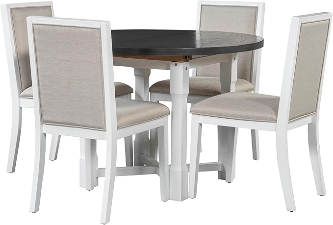 Merax 5-Piece Extendable Dining Table and 4 Upholstered Chairs, Round Oval Dining Table Set for 4, Wood MDF Kitchen Table Set with Removable Leaf for Dining Room, 42" to 58" (Grey+White)