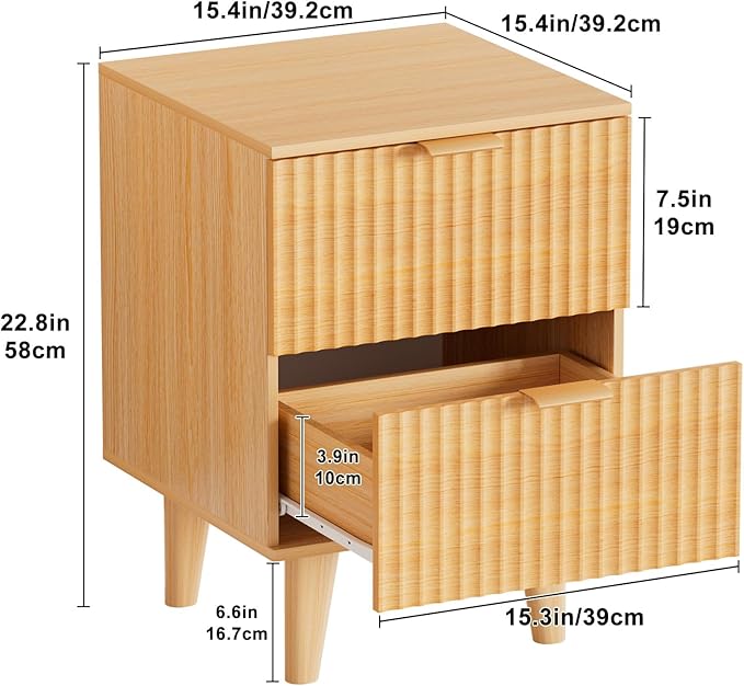 Urban Deco Fluted Nightstand with Storage, Mid Century Modern Nightstand, Wooden Side Table with 2 Fluted Drawers, End Table with Solid Wood Legs for Bedroom,15.4 x 15.4 x 22.8 in (Natural)