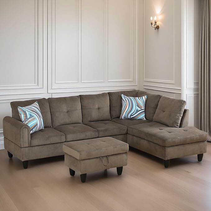 L Shaped Sectional Couches for Living Room, Modern Modular Sectional Sofa with Ottoman Storage, Comfy L Shaped Couch with Chaise for Bedroom Apartment Furniture, Brown