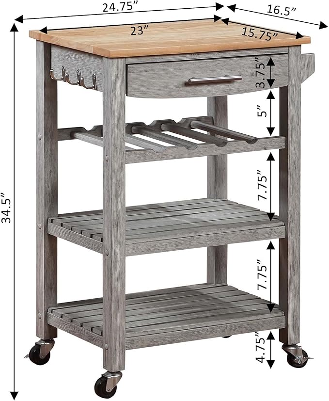 Convenience Concepts Ellaine 4 Tier Kitchen Cart with Drawer and Wine Rack, 24.75 x 16.5 x 34.5, Wirebrush Light/Butcher Block