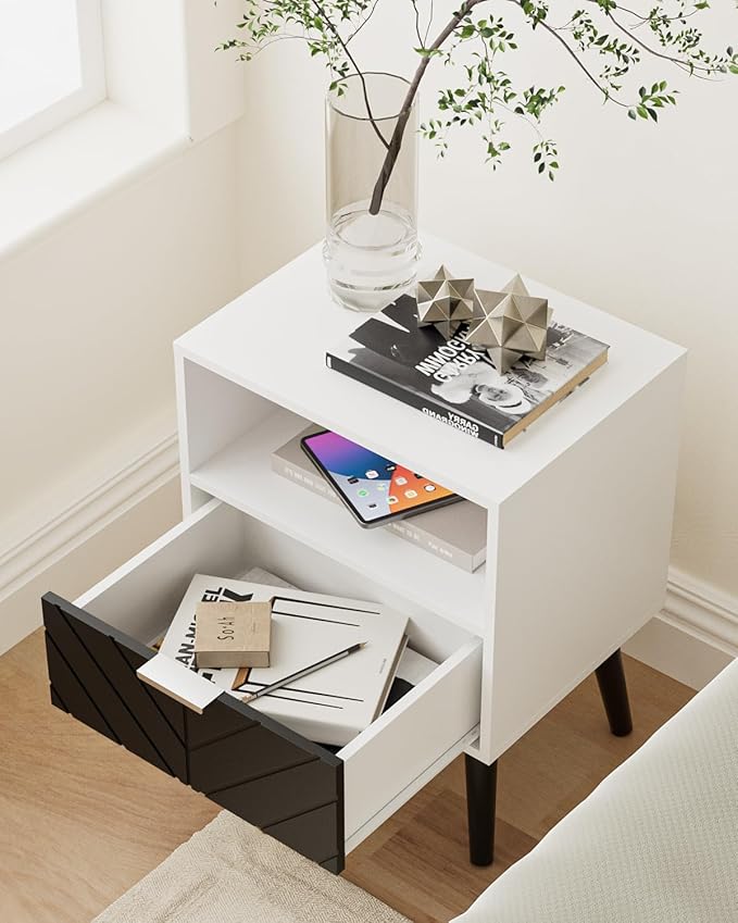Nightstand,Bedside Table with Gold Frame, White Night Stand, Modern Bedside Furniture,End Table with Drawer and Shelf for Bedroom,Living Room