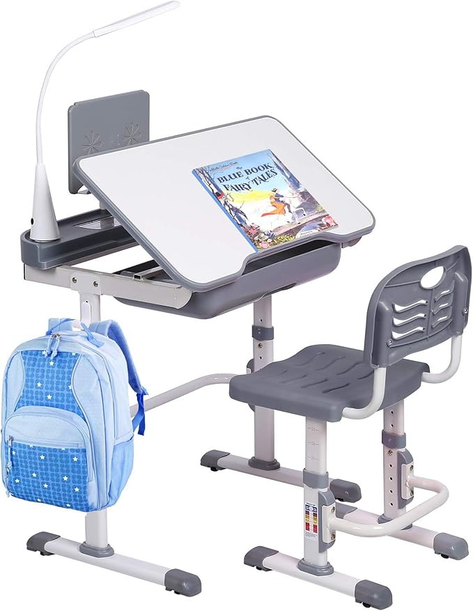Kids' Desk and Chair Set, Height Adjustable Child's School Study Writing Tables with Tilt Desktop, LED Light, Storage Drawer, Book Stand(Grey)