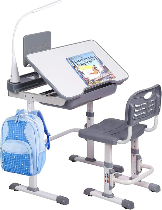 Kids' Desk and Chair Set, Height Adjustable Child's School Study Writing Tables with Tilt Desktop, LED Light, Storage Drawer, Book Stand(Grey)