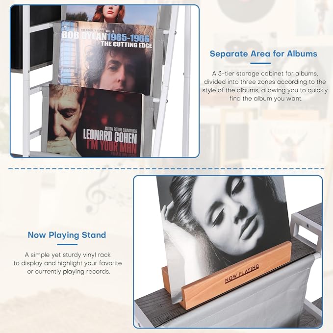 Record Player Stand, 3-Tier Vinyl Record Storage, Turntable Stand with Now Playing Holder, Vinyl Display for Living Room, Grey & White