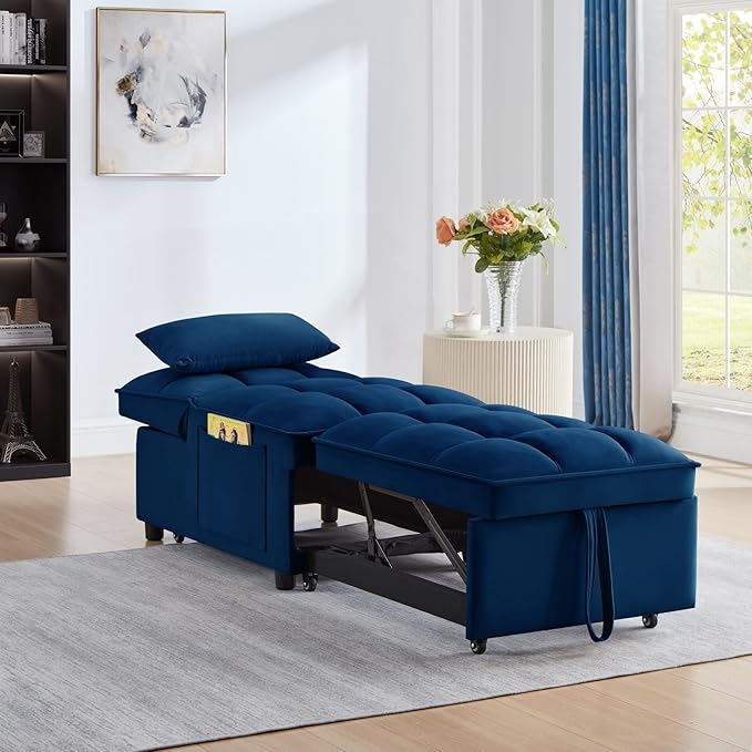 KEIKI Velvet Single Convertible Sleeper Chair Sofa Bed with Adjustable Backrest, Pillows & Storage Pockets, 3 in 1 Pull-Out Couch Chaise Lounge Recliner for Living Room Balcony Bedroom, Navy