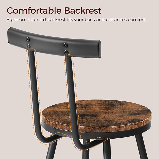 Bar Stools, Set of 2 Bar Chairs with Backrest and Footrest, 26" Tall Counter Stools, Metal Frame, Adjustable Feet, Easy Assembly, for Kitchen, Living Room, Pub, Rustic Brown BAHR6001