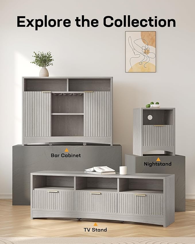 Marsail 47.2" Bar Cabinets with Storage, Modern Buffet Cabinet, Large Sideboard with 2 Fluted Panel Doors, Coffee Bar Cabinet with Adjustable Shelf and Glass Rack for Kitchen, Living Room, Grey