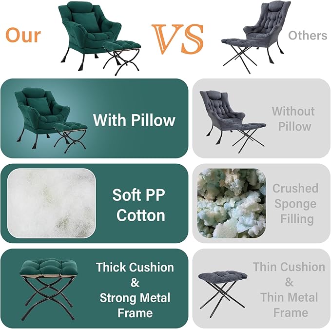 Lazy Chair with Ottoman, Comfy Reading Chair with Footstool & Pillow Modern Lounge Chairs with Armrests & Side Pocket for Living Room, Bedroom, Dorm Room，Dark Green