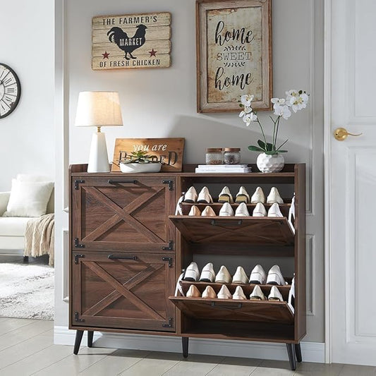 Shoe Storage Cabinet,Farmhouse Shoe Organizer with 4 Flip Drawers & Barn Door Design,Freestanding Hidden Slim Narrow Shoe Rack Cabinet for Entryway,Foyer,Hallway,Walnut