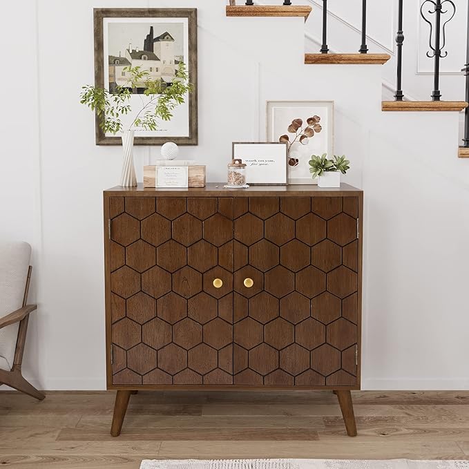 COSIEST Set of 3 32" Storage Sideboards with Doors, Accent Cabinets with Magnetic Push-to-Open Doors, Brown Honeycomb Pattern, Entryway Console for Living Room, Kitchen, Hallway