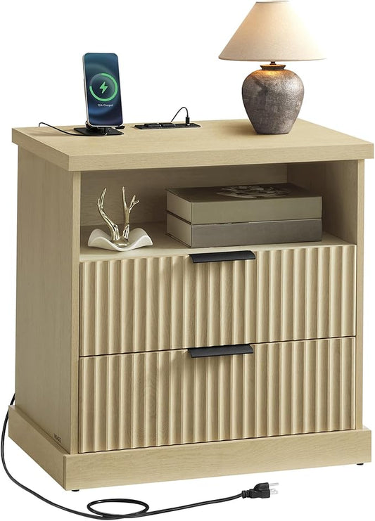 VASAGLE MAXE Collection - Nightstand with Charging Station, Bedside Table, Side End Table with 2 Drawers, Open Shelf, 2 AC Outlets, 2 USB Ports, Transitional, for Bedroom, Oak Beige ULET626Y01S