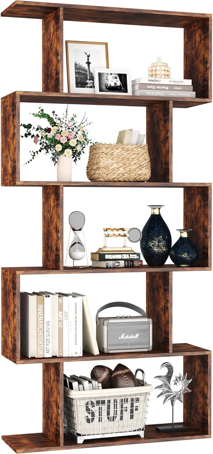 Yusong Bookshelf 5-Tier, Geometric Bookcase S Shaped Book Shelves for Bedroom, Modern Industrial Wood Decorative Display Shelf Book Case for Home Office, Rustic Brown