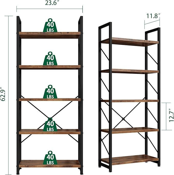 Shintenchi 5 Tiers Bookshelf, Classically Tall Bookcase Shelf, Industrial Book Rack, Modern Book Holder in Bedroom/Living Room/Home/Office, Storage Rack Shelves for Books/Movies-Rustic Brown