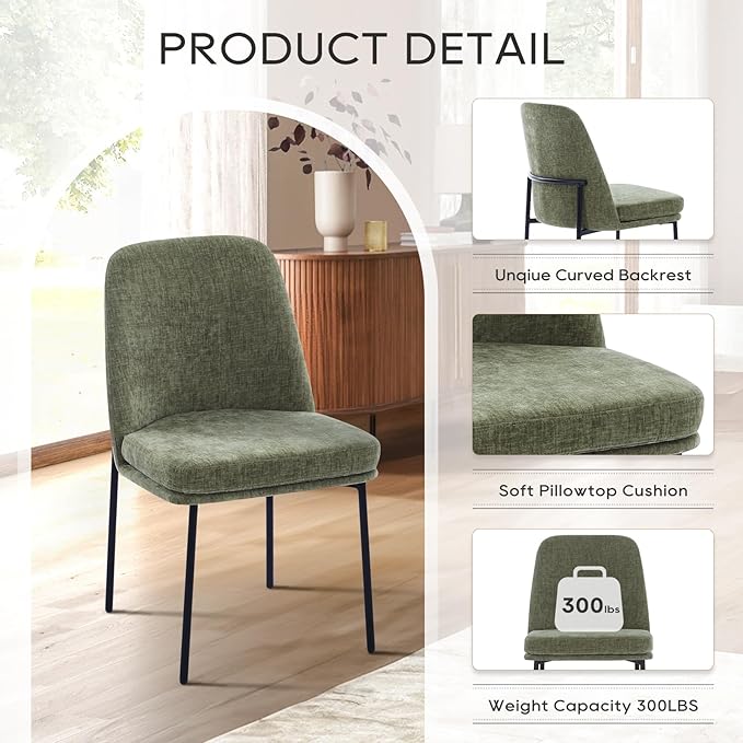 COLAMY Modern Dining Chairs Set of 4, Fabric Upholstered Dining Room Chairs Dinner Chair Stylish Kitchen Chairs with Curved Back and Metal Legs, Green