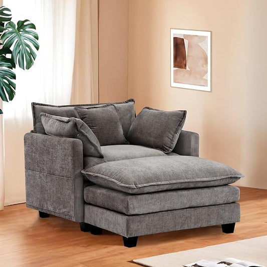 Furniliving Oversized Accent Chair with Ottoman, Luxury Chenille Single Sofa, Upholstered Deep Seat Chaise Lounge with Pillows for Living Room, Bedroom, Apartment, Grey