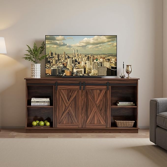 Sweetcrispy Farmhouse TV Stand for Living Room Bedroom Brown 65 Inch, Tall Entertainment Center with Storage Shelves, Media Console Cabinet with Wood Board, 300 LBS Capacity and Sliding Barn Door