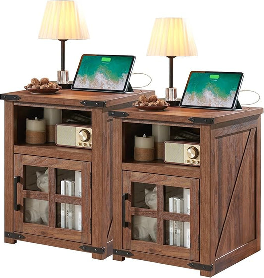 Farmhouse Nightstand with Charging Station, Rustic End Table with Tempered Glass Barn Door, Wood Sofa Side Bedside Table with Open Storage Shelf for Living Room, Bedroom, Brown, 2 Pack