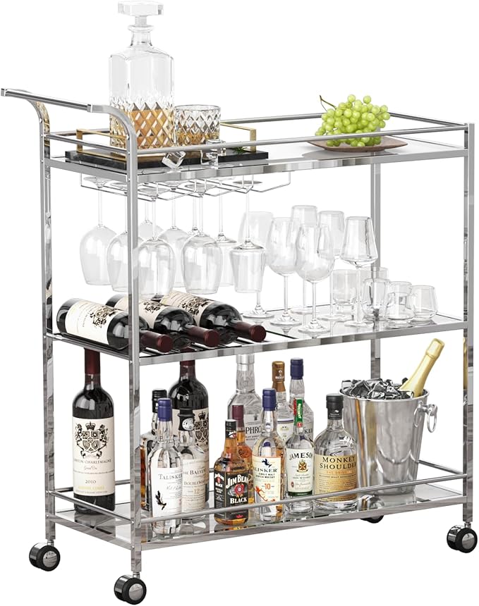 Bar Cart Silver, Home Bar Serving Cart, Modern Bar Cart with 3-Tier, Mobile Kitchen Shelf with Wine Rack and Glass Holder, Bar Carts for The Home, Dining Room, Living Room