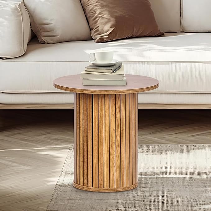 Modern Walnut End Table with Storage - Fluted Design Living Room Accent Table, Tall Bedside Nightstand & Sofa Side Table for Small Spaces, Dark Wood Finish (15.7” Wide, Natural)