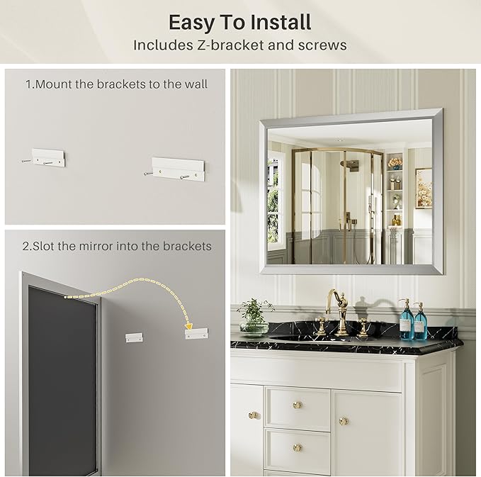 48x30 Inch Silver Bathroom Mirror for Wall, Thick Metal Framed Rectangle Mirrors for Over Sink, Bedroom, Living Room, Entryway, Anti-Rust, HD Tempered Glass
