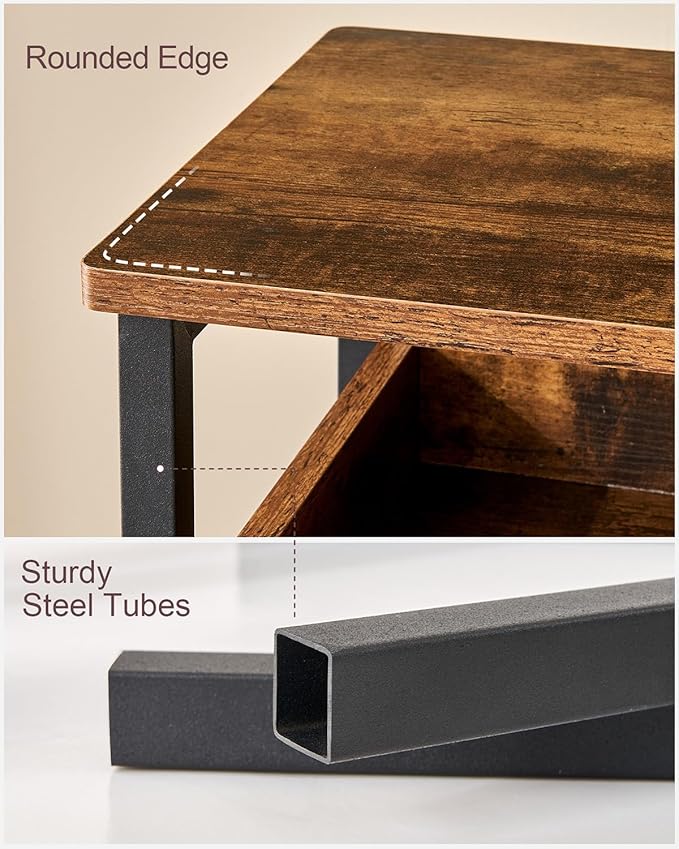 Side Table, 25 inch High End Table, Small Bedside Table for Living Room, Bedroom and Office, Rustic Brown & Black