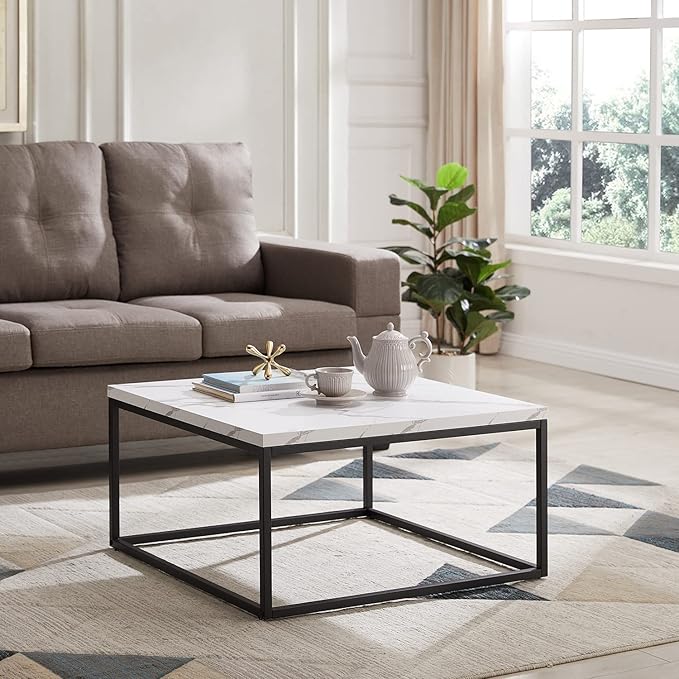 CENSI 30"x30" Marble Accent Coffee Table Ottoman for Living Room, Modern Industrial Style, 1.2" Extra Thick Tabletop (White Marble)