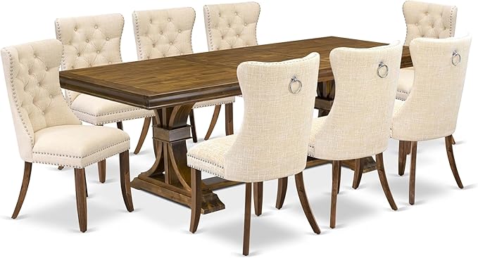LEDA9-AWA-32 9 Pieces Dining Table Set Includes a Rectangle Table and 8 Light Beige Polyester Fabric Dining Chairs, Antique Walnut