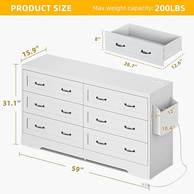 YITAHOME White Drawers TV Stand for 65 inches with Power Outlets -Chest of Drawers Dresser with Side Organizer Bag Entertainment Center TV Console, White