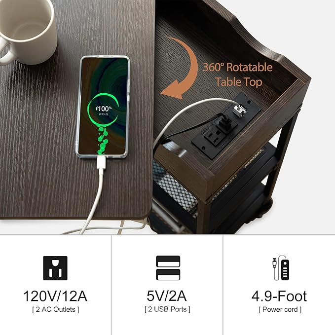 Hadulcet End Table with Charging Station & Rotating Top, Couch End Table, Rotating Swivel Top Side Table for Living Room & Bedroom, Narrow Rolling Side Table on Wheels, Skinny Nightstand, Black Walnut