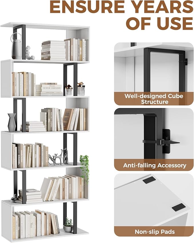 Gadroad 6 Tier Geometric Bookcase,S Shaped Bookshelf, Wood Decorative Storage Shelving, Modern Freestanding Display Shelves, Tall Book Shelf Unit for Living Room Bedroom, White
