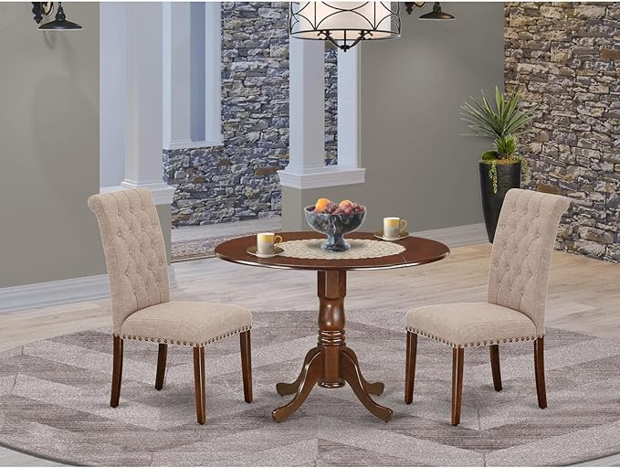 East West Furniture DLBR3-MAH-04 3 Piece Dining Room Furniture Set Contains a Round Dining Table with Dropleaf and 2 Light Tan Linen Fabric Parsons Chairs, 42x42 Inch, Mahogany