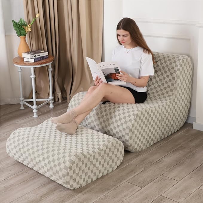 Accent Bean Bag Chair with Footstool, Modern Lazy Sofa Chair with Comfy Jacquard Shaggy Plush, Green