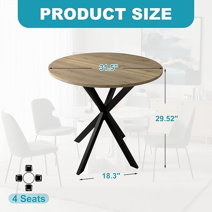 31.5" Round Dining Table for 4, Modern Small Dinner Table Farmhouse Round Kitchen Tables with Metal Legs for Dining Room, Kitchen, Living Room, Rustic Brown & Black