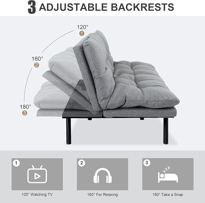Vipbear Futon Sofa Bed Couch, 71" Convertible Sofa Bed, Space-Saving Loveseat with Adjustable Backrest & Armrest for Living Room,Apartment,Office,Medium Grey Sleeper Sofa